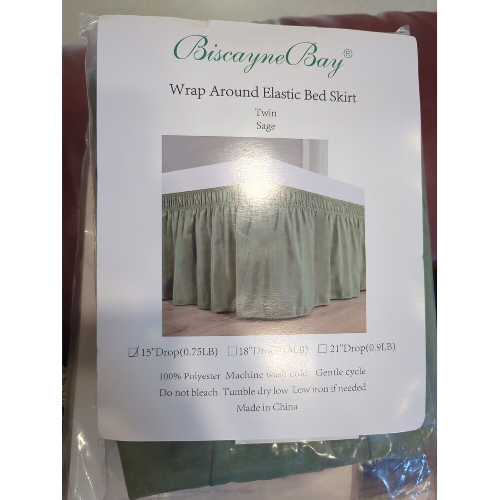 Biscayne Bay Twin Bed Skirt Wrap Around Elastic Sage‎ 15" Inch Drop